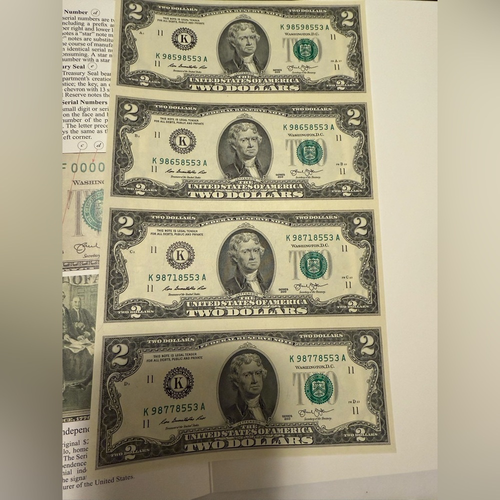 $2 Dollar 4-Note Sheet 
Brand New-Awesome For collectors or gift!